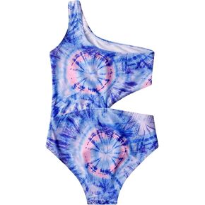 LIZENS Girls One piece Swimwear One Shoulder Cut Out Bandhnu Print Beach Bathing Suit for Kids 2-12 Years