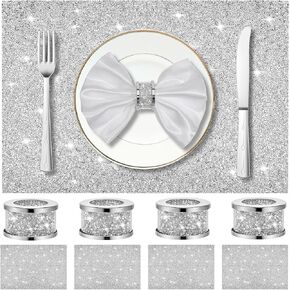 Suclain 8 Pcs Crushed Diamond Silver Napkin Rings Rhinestone Placemats Set Napkin Rings Holder Silver Crushed Rhinestone Placemats 13 x 13'' for Wedding Party Dinner Table Decoration (Shiny Style)