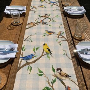 Seliem Spring Birds Tree Branches Table Runner, Buffalo Plaid Check Bluebird Robin Goldfinch Chickadee Home Kitchen Dining Decor, Summer Seasonal Farmhouse Decoration Indoor Outdoor Party Supply 13x72