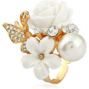 CZ Rose Flower Plumeria Resin Statement Ring for Women Gold Plated Cubic Zirconia Butterfly Boho Adjustable Expandable Open Band Finger Rings Birthday Wedding Bohemia Jewelry Gifts