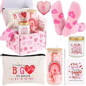 Valentines Day Gifts for Teachers Teacher Valentines Day Gifts Basket for Women Back to School Gift for Teacher with Glass Cup Makeup Bag Candle Socks Soap