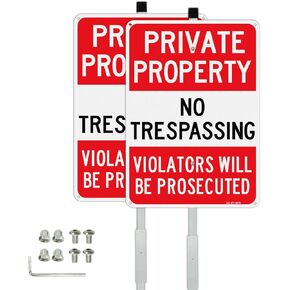 T&R Large Private Property No Trespassing Sign with 54" Stake for Outside - 2 Pack - 14"x10" .040 Rust Free Aluminum, Reflective, Waterproof, Weatherproof and Fade Resistant, 6 pre-drilled holes,Includes Matching Screws & Wrench, Easy to Mount