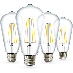 Sunco 4 Pack 60W Vintage LED Edison Bulbs Equivalent 8.5W CRI92 800 Lumens, Dimmable ST64 Filament 3000K Warm White E26 Medium Base Light Bulbs High Brightness Clear Glass Waterproof - UL