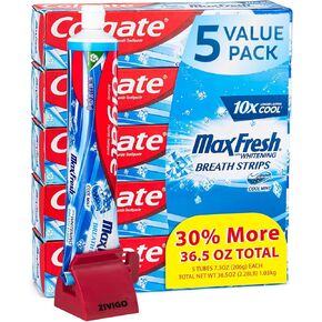 Max Fresh Whitening Toothpaste Fresh with Mini Breath Strips, Cool Mint, 5 Large Tubes of 7.3 oz, (Total 36.5 oz) with Bonus Zivigo-Toothpaste Squeezer, (Colors May Vary)