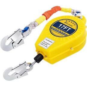Self-Retractable Fall Arrester 17FT Double Locking Fall Arrest Protector Fall Protection Gear, Dual Alloy Steel PPE Shell Heavy Duty Hook Cable Wire Rope Roofing Lifeline Safety Lanyard