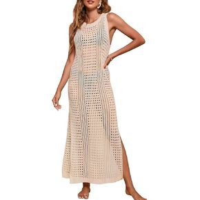 shermie Women's Crochet Swimsuit Cover Up Sleeveless Side Slit Loose Casual Long Beach Dress