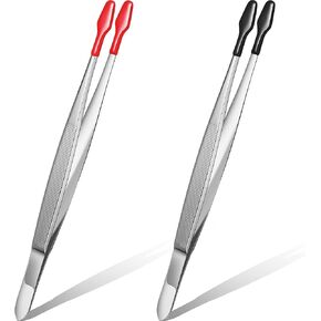 Lasnten 2 Pieces Rubber Tipped Tweezers Forceps Silicone Coated Soft Tweezers Rubber Tip Steel Forceps Non Marring Flat Tip Lab Industrial Hobby Craft Tweezers Tools, Black and Red Tip, 5.91 Inch