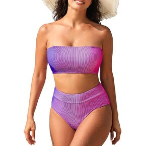 Pink Queen Women High Waisted Bikini Set Removable Strap Ribbed 2 Piece Bandeau Swimsuits Bathing Suit