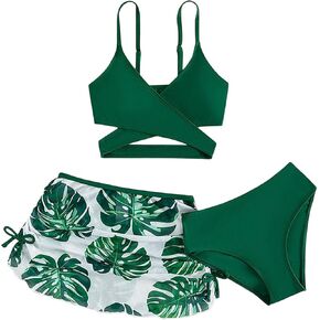 Girl's 3 Piece Set Leaf Print Criss Cross Bikini Sets Bathing Suit