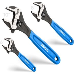 SHALL 3-Piece Adjustable Wrench Set, 10/8/6 Inch Cr-V Steel Wrench with Cushion Grip, Wide Jaw Black Oxide Wrench with Laser-etched SAE Scales for Home, Garage, Workshop and DIY, Dark Blue