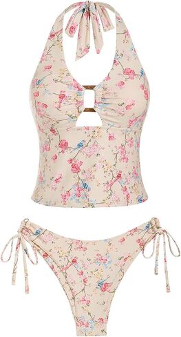 Zaful Women Women Halter Tankini Set v الرقبة البطن التحكم في الأزهار المطبوعة جانب Thong Bikini Swimsuits 2 قطعة بدلات الاستحمام in Kuwait