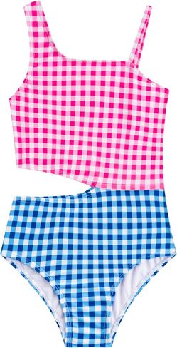 LIZENS Girls One Piece Plaid 2-12Years Swimwear Checkered Cut Out Color Block Beach Swimsuit in Saudi Arabia