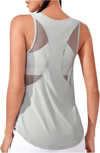 OYOANGLE Women's Mesh Workout Tank Top Crew Neck Sleeveless Curved Hem Exercise Athletic Shirts Yoga Gym Muscle Tanks in Saudi Arabia