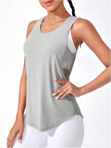 OYOANGLE Women's Mesh Workout Tank Top Crew Neck Sleeveless Curved Hem Exercise Athletic Shirts Yoga Gym Muscle Tanks in Saudi Arabia