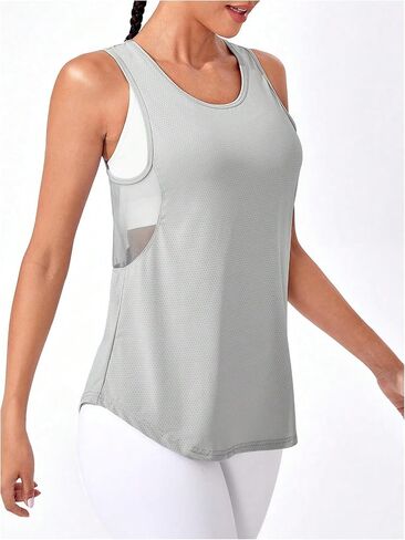 OYOANGLE Women's Mesh Workout Tank Top Crew Neck Sleeveless Curved Hem Exercise Athletic Shirts Yoga Gym Muscle Tanks in Saudi Arabia