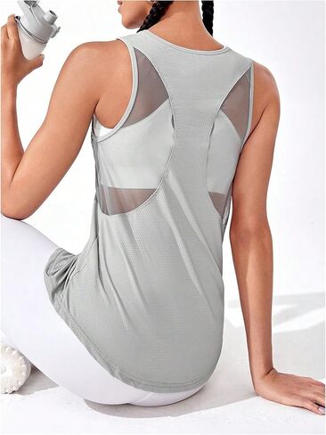 OYOANGLE Women's Mesh Workout Tank Top Crew Neck Sleeveless Curved Hem Exercise Athletic Shirts Yoga Gym Muscle Tanks in Saudi Arabia