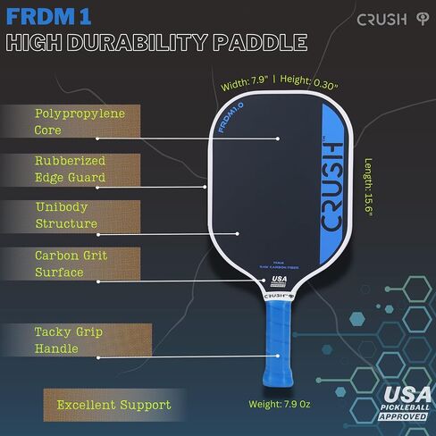 Crush Frdm Pickleball Paddles Carbon Carbon - احتكاك السطح الخام Pardle Paddle Honeycomb Core أصغر مقبضًا أخف وزناً الأرجوحة المتأرجحة النيوبرين تغطية USAP معتمدة in Saudi Arabia