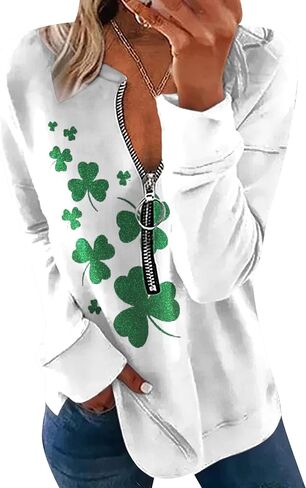 YMING Women's St. Patricks Day Half Zipper Shirt Oversized Clover Print Sweatshirt Irish Shamrock Long Sleeve Pullovers in Saudi Arabia