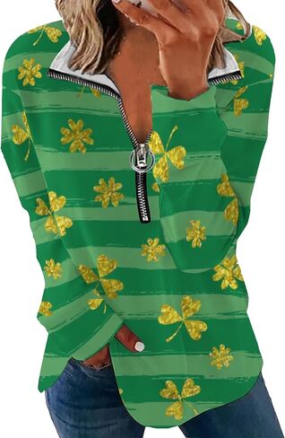 YMING Women's St. Patricks Day Half Zipper Shirt Oversized Clover Print Sweatshirt Irish Shamrock Long Sleeve Pullovers in Saudi Arabia