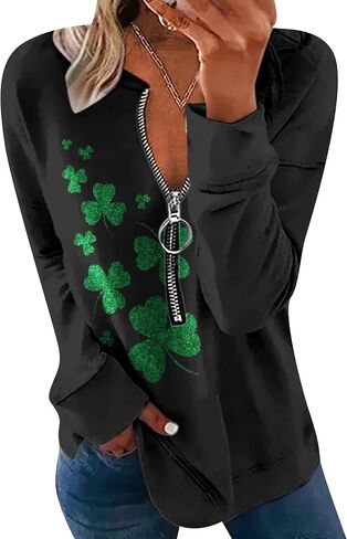 YMING Women's St. Patricks Day Half Zipper Shirt Oversized Clover Print Sweatshirt Irish Shamrock Long Sleeve Pullovers in Saudi Arabia