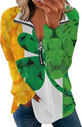YMING Women's St. Patricks Day Half Zipper Shirt Oversized Clover Print Sweatshirt Irish Shamrock Long Sleeve Pullovers in Saudi Arabia