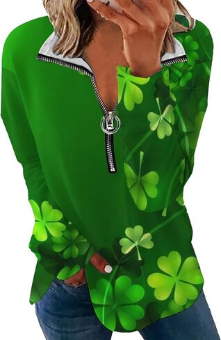 YMING Women's St. Patricks Day Half Zipper Shirt Oversized Clover Print Sweatshirt Irish Shamrock Long Sleeve Pullovers in Saudi Arabia