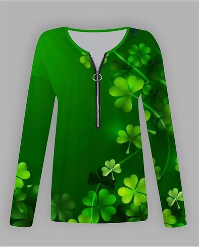 YMING Women's St. Patricks Day Half Zipper Shirt Oversized Clover Print Sweatshirt Irish Shamrock Long Sleeve Pullovers in Saudi Arabia