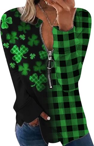 YMING Women's St. Patricks Day Half Zipper Shirt Oversized Clover Print Sweatshirt Irish Shamrock Long Sleeve Pullovers in Saudi Arabia