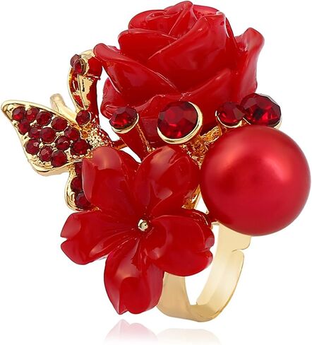 CZ Rose Flower Plumeria Resin Statement Ring for Women Gold Plated Cubic Zirconia Butterfly Boho Adjustable Expandable Open Band Finger Rings Birthday Wedding Bohemia Jewelry Gifts in Saudi Arabia