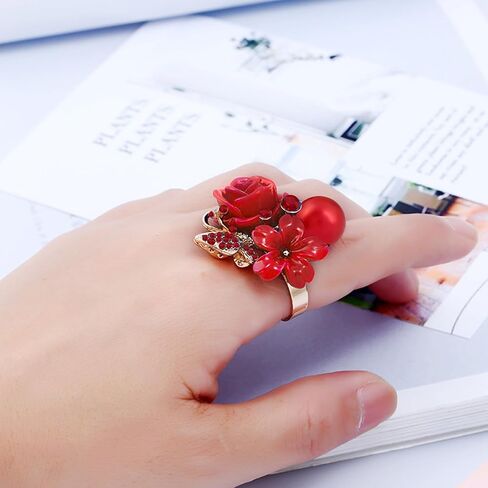 CZ Rose Flower Plumeria Resin Statement Ring for Women Gold Plated Cubic Zirconia Butterfly Boho Adjustable Expandable Open Band Finger Rings Birthday Wedding Bohemia Jewelry Gifts in Saudi Arabia