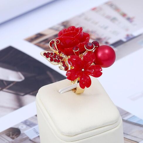 CZ Rose Flower Plumeria Resin Statement Ring for Women Gold Plated Cubic Zirconia Butterfly Boho Adjustable Expandable Open Band Finger Rings Birthday Wedding Bohemia Jewelry Gifts in Saudi Arabia