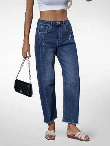 Genleck Barrel Jeans Women Wide Leg Vintage Baggy Ripped JeansY2k Boyfriend Denim Pants in Kuwait