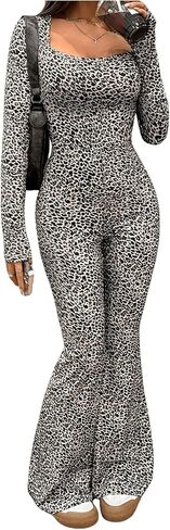 MakeMeChic Women's Leopard Print Square Neck Jumpsuit Bodycon Stretchy Long Sleeve Bell Bottom Unitard Bodysuit in Saudi Arabia