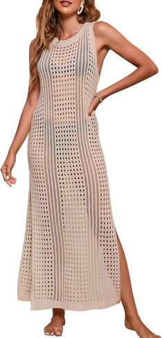 shermie Women's Crochet Swimsuit Cover Up Sleeveless Side Slit Loose Casual Long Beach Dress in Saudi Arabia