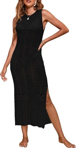 shermie Women's Crochet Swimsuit Cover Up Sleeveless Side Slit Loose Casual Long Beach Dress in Saudi Arabia