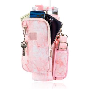Made Easy Kit Tumbler Cup Carrier w/Handle Opening for 40oz Bottles - Cell Phone Sized Pocket & Adjustable Padded Shoulder Strap - Metal Hardware, Key Hook (Pink Marble, Tall Large)