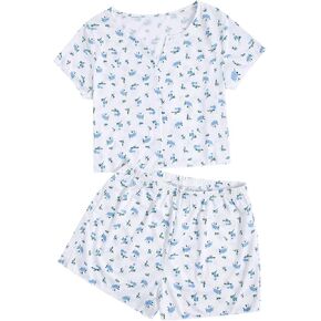 Remidoo Women's Cute Cartoon Print Tee Shirts and Shorts Pajama Set Sleepwear