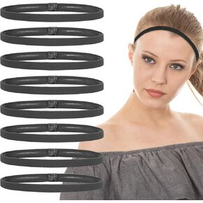 8Pcs Thin Sports Elastic Headbands, Black SkinnyHair Bands with Non-Slip Silicone Grip for Men Women Long Hair, Athletic Headbands for Yoga Basketball Football Tennis