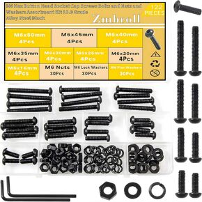 M6 Button Head Hex Socket Head Cap Bolts 122Pcs M6x16/20/25/30/35/40/45/50mm Fully Thread Machine Screws 10.9 Grade Alloy Steel Black Oxide Bolts Nuts Washer Assortment Kit