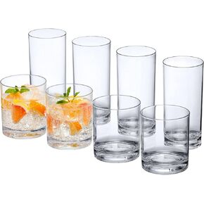 Amazing Abby - Probity - 12-Ounce and 16-Ounce Plastic Tumblers (Set of 8), Plastic Drinking Glasses, All-Clear Reusable Plastic Cups, BPA-Free, Shatter-Proof, Dishwasher-Safe