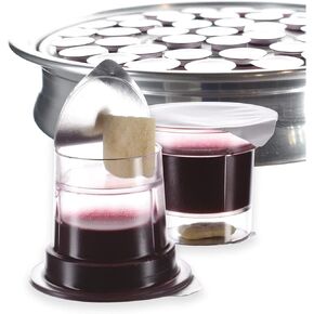 Pre-filled Communion Cups - Tray & Seatback Pew Compatible Cups and Wafer - Concord Juice and Bread - Box of 25 - EASY Open Made in the USA