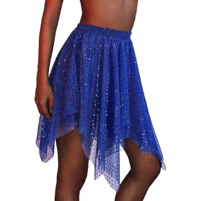 Sequin Belly Dance Skirt Rave Costume Sparkly Hip Skirts Festival Performance Dance Short Wrap Skirt for Women and Girls (Dark Blue)