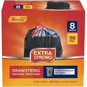 Besli 8 Gallon Black Drawstring Trash Bag Garbage Bag Trash Can Liner,0.9 Mil,90 Counts