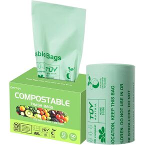 Compostable Trash Bags 13 Gallon, Extra Thick 1 Mil, Large Compost Bags, 49.21 Liter, 50 Count, Kitchen Compostable Liners, Green Compost Bin Liners for Food Scraps and Organic Waste