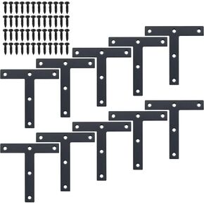 T Flat Brackets,Corner Bracket Black Corner Brace Mending Plate Repair 120mmX120mm Stainless Steel Flat Braces for Wood Tables, Chairs, Sofas, Beds, Cabinets, Doors and Windows,Pack of 10