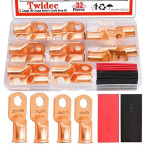 Twidec/32PCS Battery Cable Ends 1/0 AWG 2/0 AWG Heavy Duty Copper Lugs 0 Gauge 00 Gauge Copper Cable Wire Lugs,Copper Ring Terminals 5/16" and 3/8" with Heat Shrink Tube