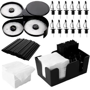 3 Tier Bar Glass Rimmer Bartender Tool Bar Accessories with 12 Pcs Stainless Steel Liquor Pour Spout,Bar Garnish Caddy with 6 Compartment and 200 Pcs Bar Napkin,500 Black Cocktail Straws