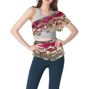 Munafie 2PCS Dance Hip وشاح مع العملات المعدنية ، وتنورات رقص البطن الحزام القبلي لرقص البطن - زي الهالوين الغجري وردة اللون الأحمر