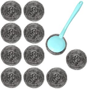 H&W 10Pcs Steel Wool Scrubber,Stainless Steel Scrubber,Steel Wool Pads with 1Pcs Long Handle for Cleaning Dish Pots Pans,Scouring Pad for Kitchens Sinks,Bathroom