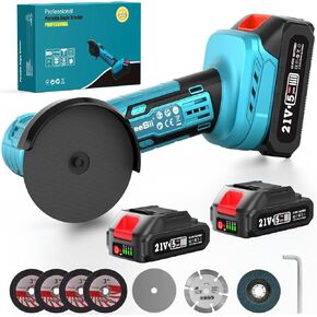 Seesii Cordless Angle Grinder Kit, 19000rpm Brushless Mini Angle Grinder with 2PCS 2.0A Battery & 7pcs Cutting Discs, 210W Power Electric Cordless Grinder Tool for Metal Wood Polishing Rust Removal